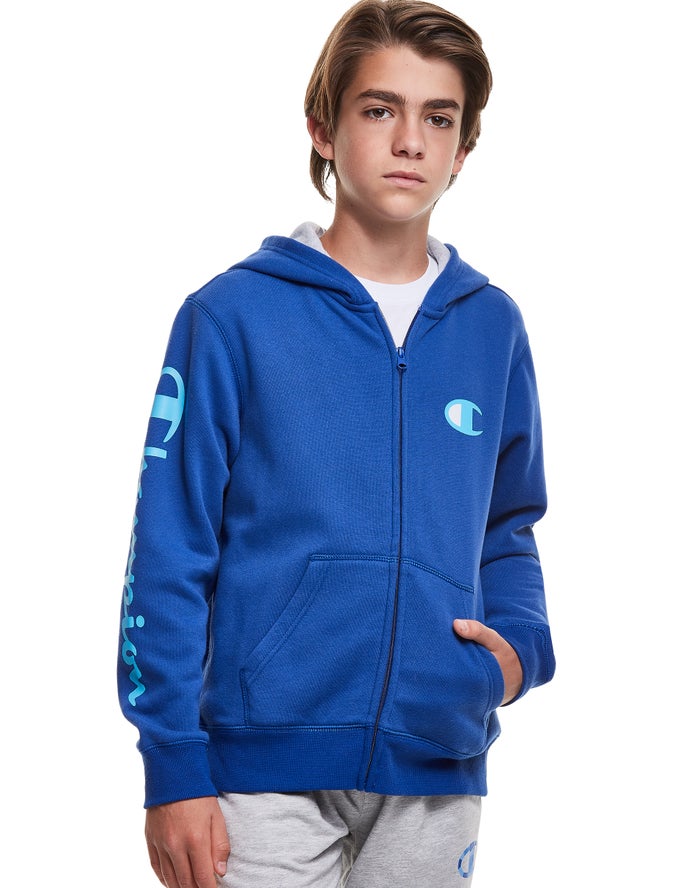 Champion Fleece Zip C Script Erkek Çocuk Kapşonlu Sweatshirt Mavi ( RGSIJK874 )